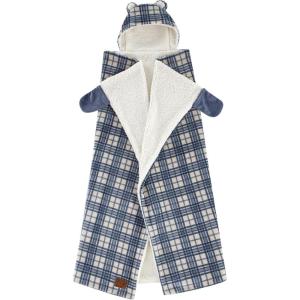 Dearfoams Black and White Buffalo Check Printed Royal Plush with Sherpa Reverse Adult Hooded Throw, 50″x60″(Blue)
