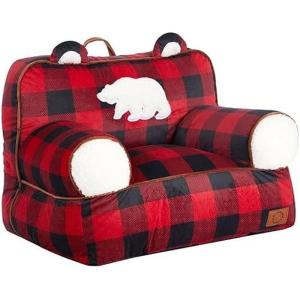 Dearfoams Red and Black Buffalo Check Sherpa Plush Bean Bag Chair with Novelty Ears, Large(Red and Black)