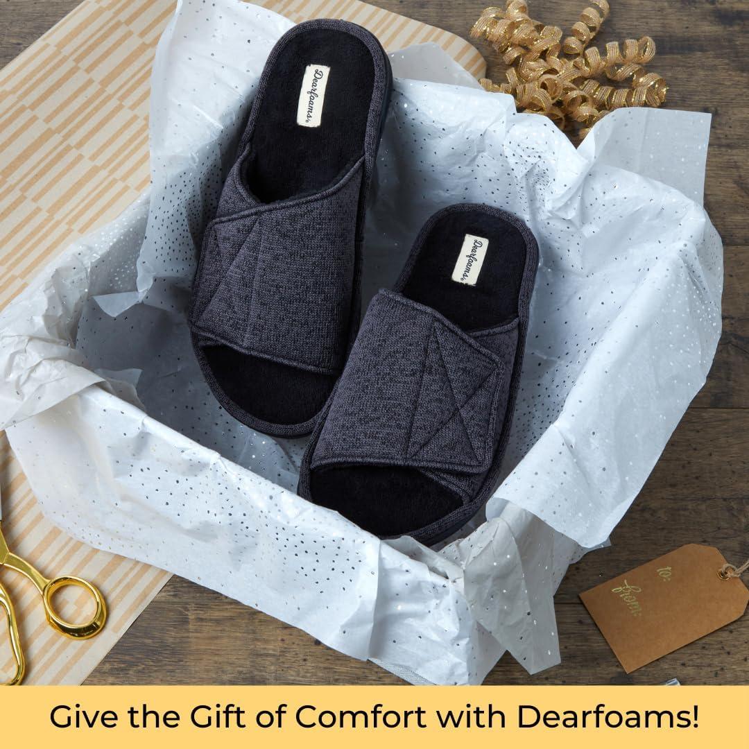 imageDearfoams Mens Adjustable IndoorOutdoor Memory Foam Machine Washable Summer Slide SlipperBlack Marled Knit