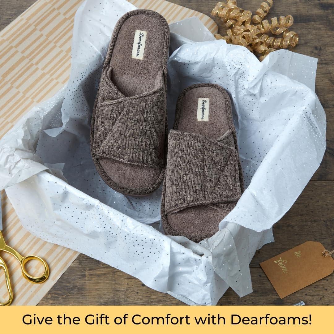 imageDearfoams Mens Adjustable IndoorOutdoor Memory Foam Machine Washable Summer Slide SlipperFossil Marled Knit