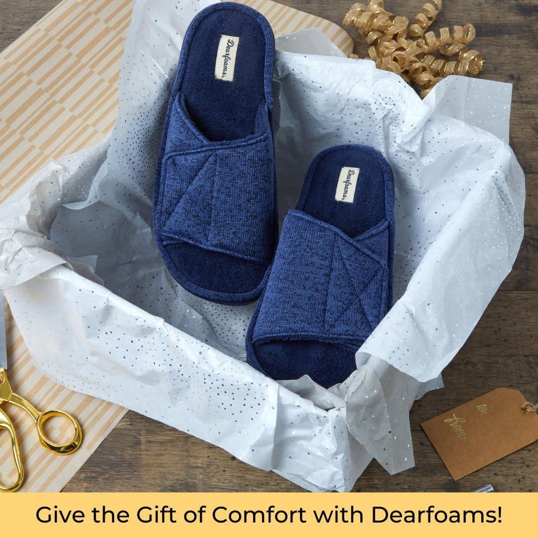 imageDearfoams Mens Adjustable IndoorOutdoor Memory Foam Machine Washable Summer Slide SlipperNavy Marled Knit