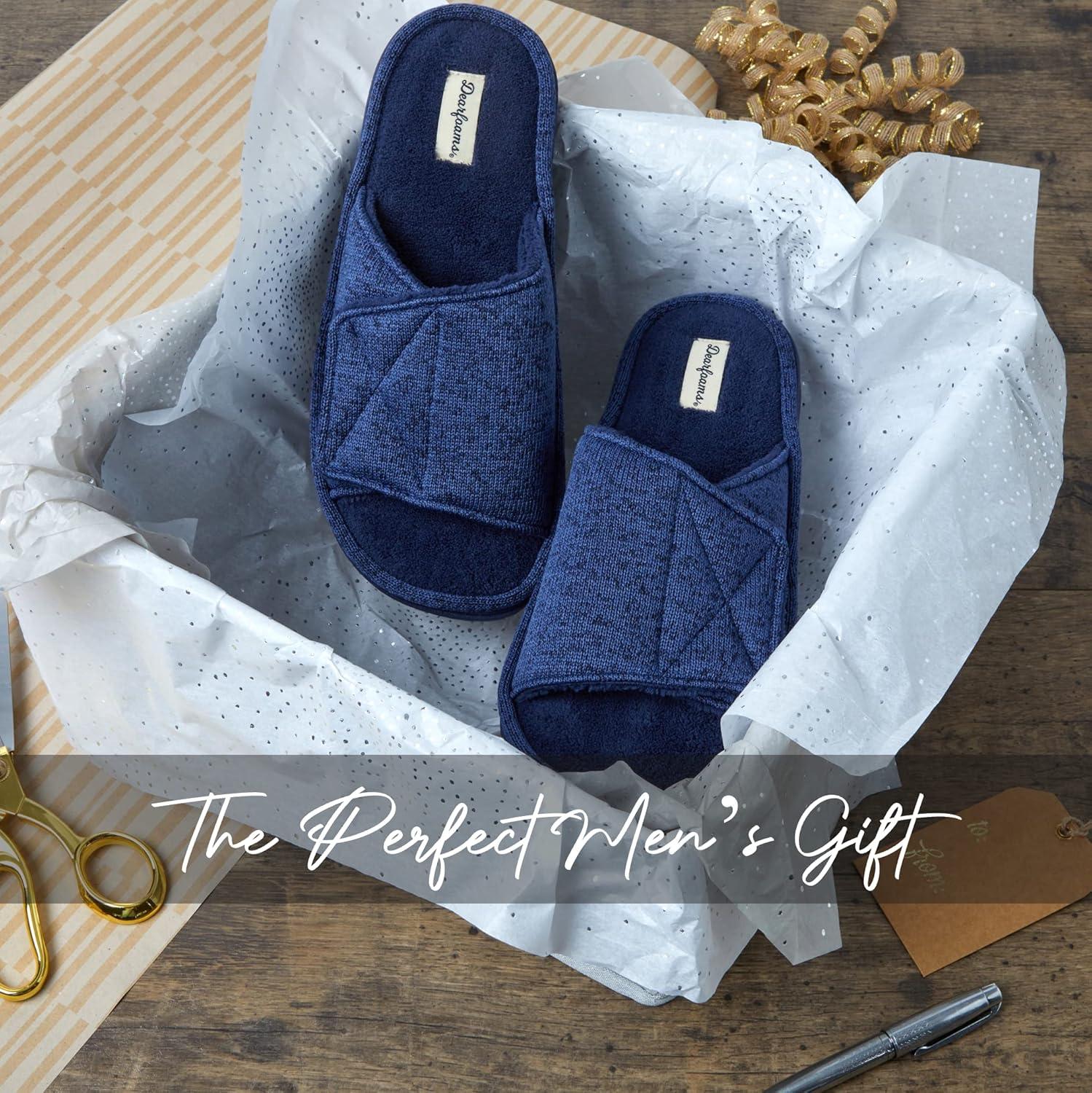 imageDearfoams Mens Adjustable IndoorOutdoor Memory Foam Machine Washable Summer Slide SlipperNavy Marled Knit