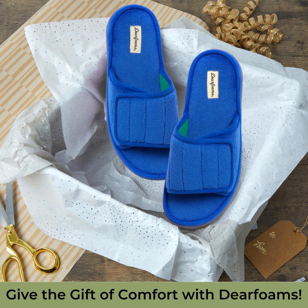 imageDearfoams Mens Adjustable IndoorOutdoor Memory Foam Machine Washable Summer Slide SlipperOcean Blue