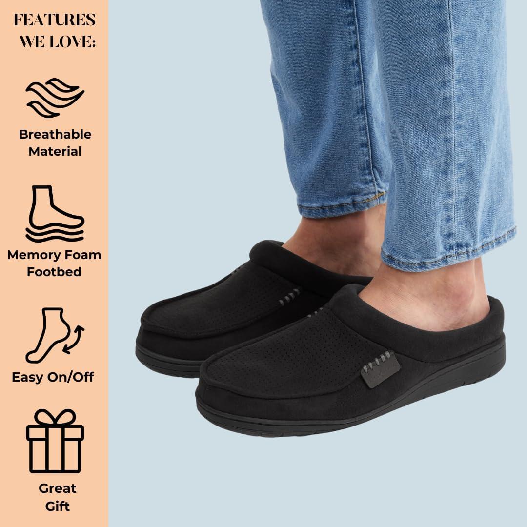 imageDearfoams Mens Brendan IndoorOutdoor Breathable Memory Foam Clog House Shoe with Wide Widths SlipperBlack Perforated