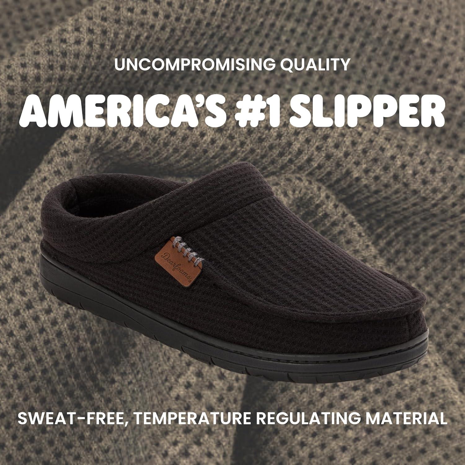imageDearfoams Mens Brendan IndoorOutdoor Breathable Memory Foam Clog House Shoe with Wide Widths SlipperBlack Waffle Knit