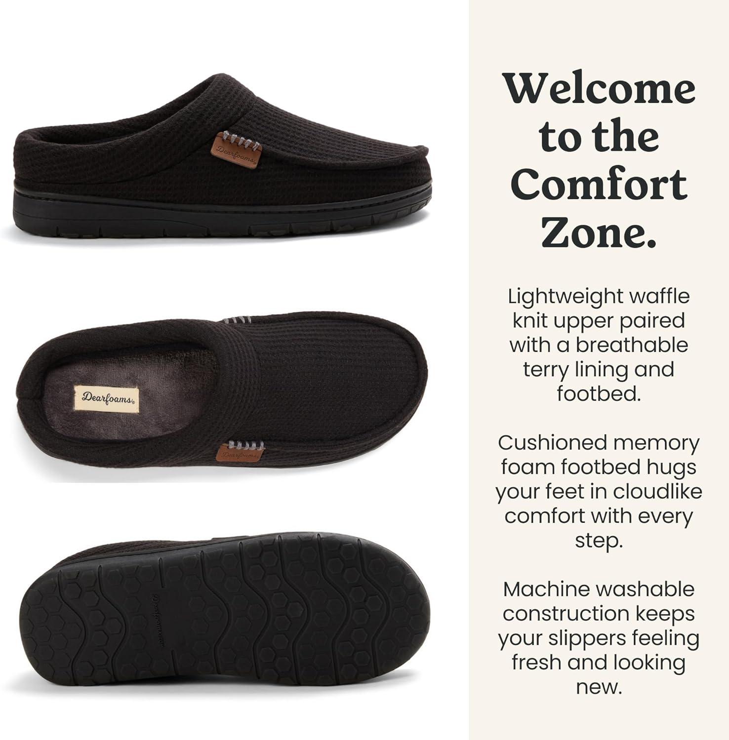 imageDearfoams Mens Brendan IndoorOutdoor Breathable Memory Foam Clog House Shoe with Wide Widths SlipperBlack Waffle Knit