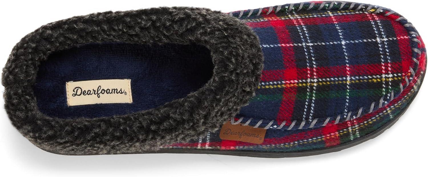 imageDearfoams Mens Brendan IndoorOutdoor Breathable Memory Foam Clog House Shoe with Wide Widths SlipperBlue Plaid