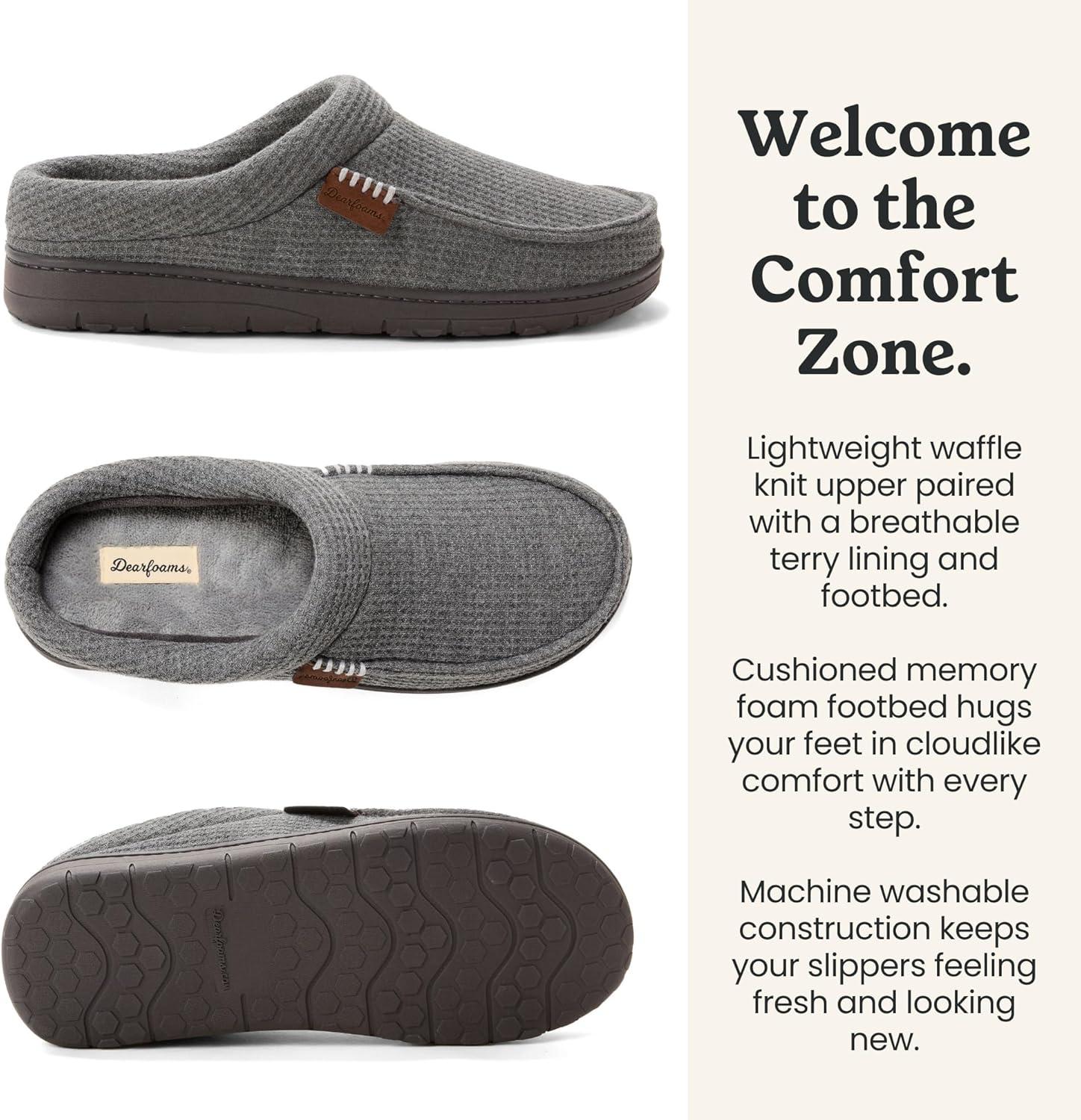 imageDearfoams Mens Brendan IndoorOutdoor Breathable Memory Foam Clog House Shoe with Wide Widths SlipperDark Grey Waffle Knit