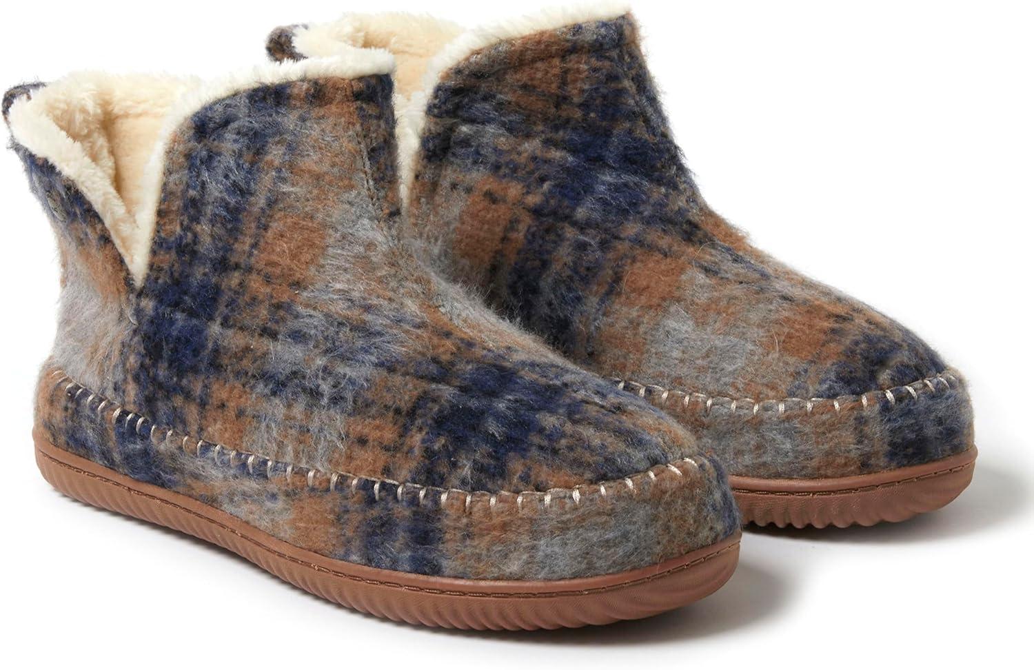 imageDearfoams Mens Memory Foam Indoor House Slippers Brixen Ankle Boot House Shoes Gifts for MenBlue Plaid