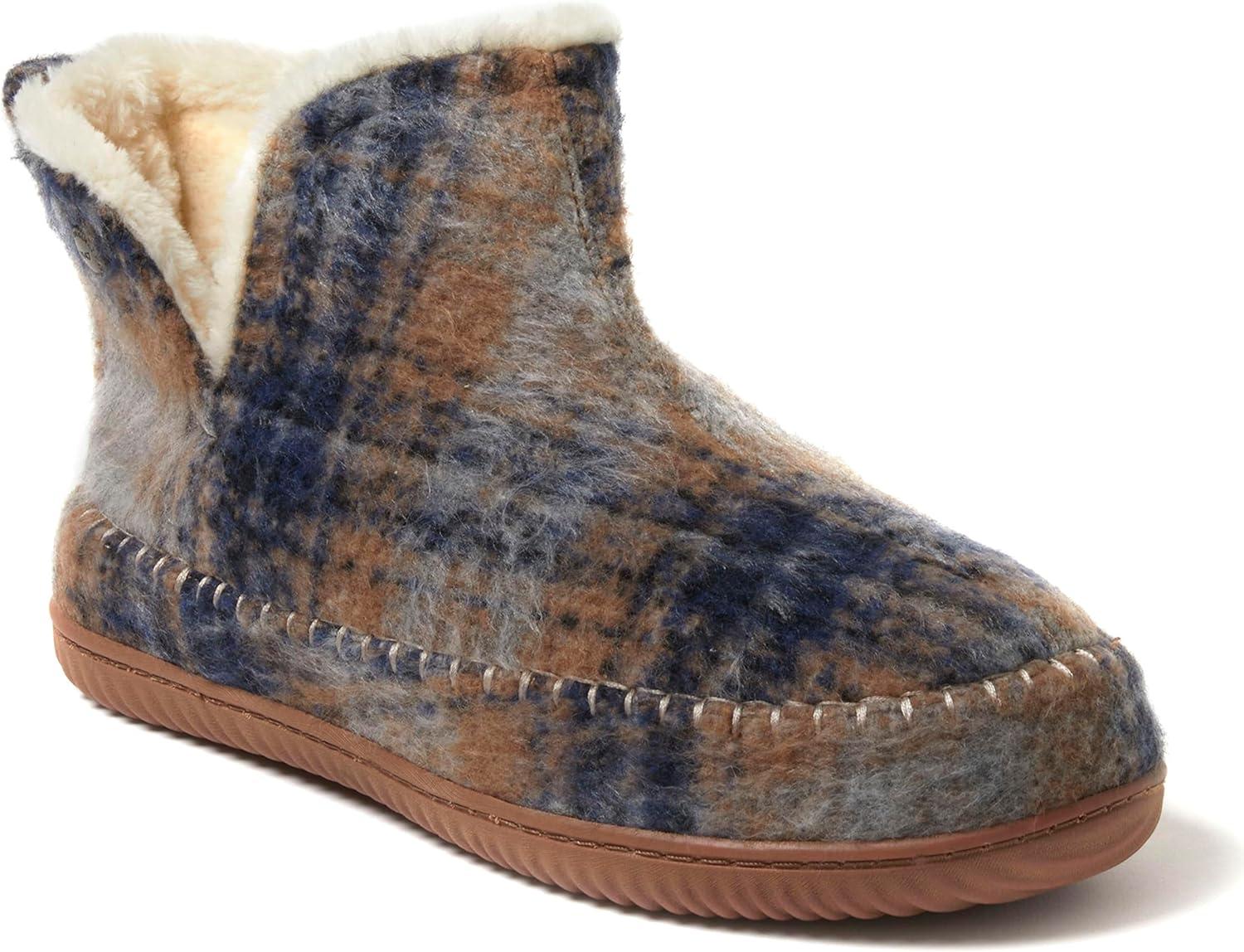 imageDearfoams Mens Memory Foam Indoor House Slippers Brixen Ankle Boot House Shoes Gifts for MenBlue Plaid