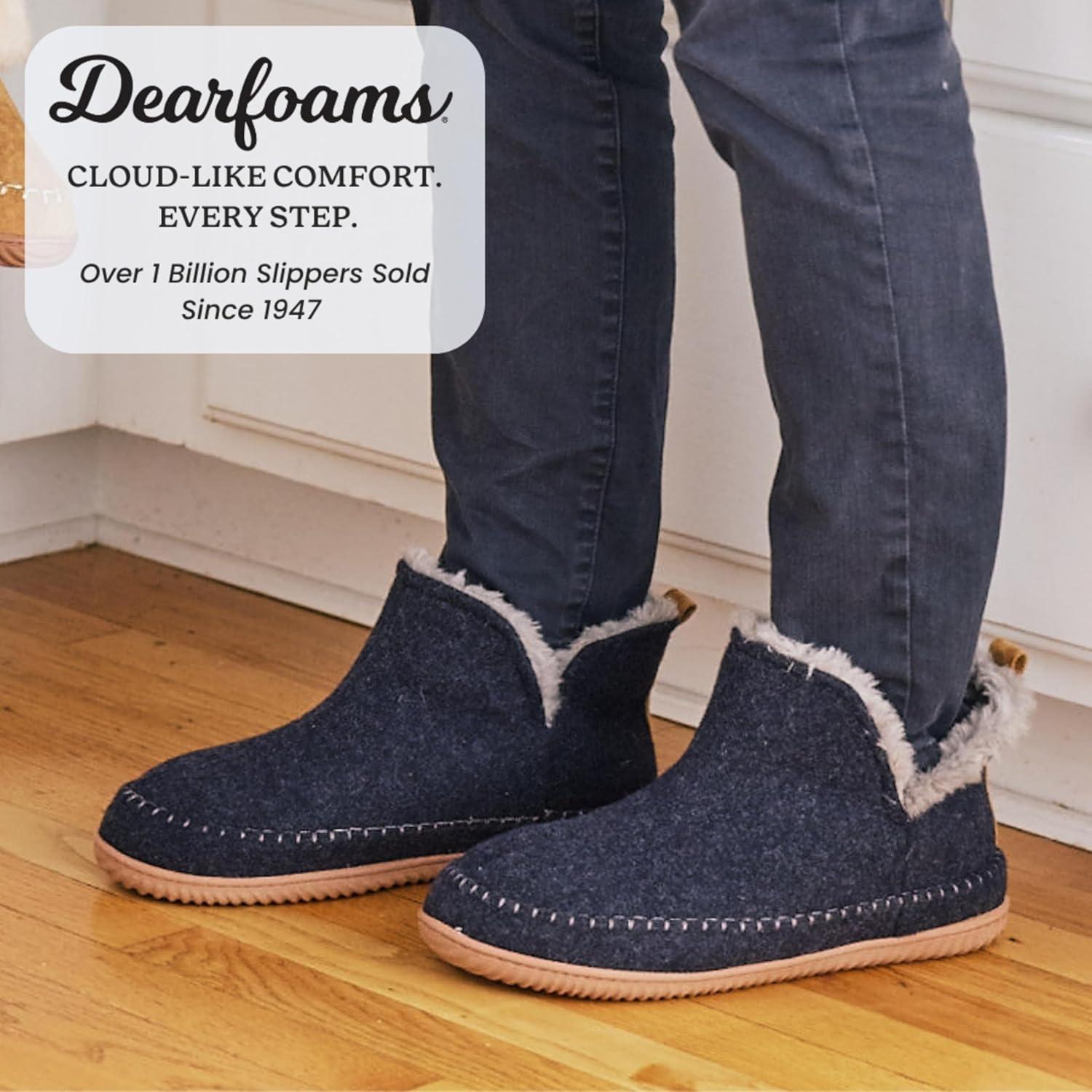 imageDearfoams Mens Memory Foam Indoor House Slippers Brixen Ankle Boot House Shoes Gifts for MenNavy Heather