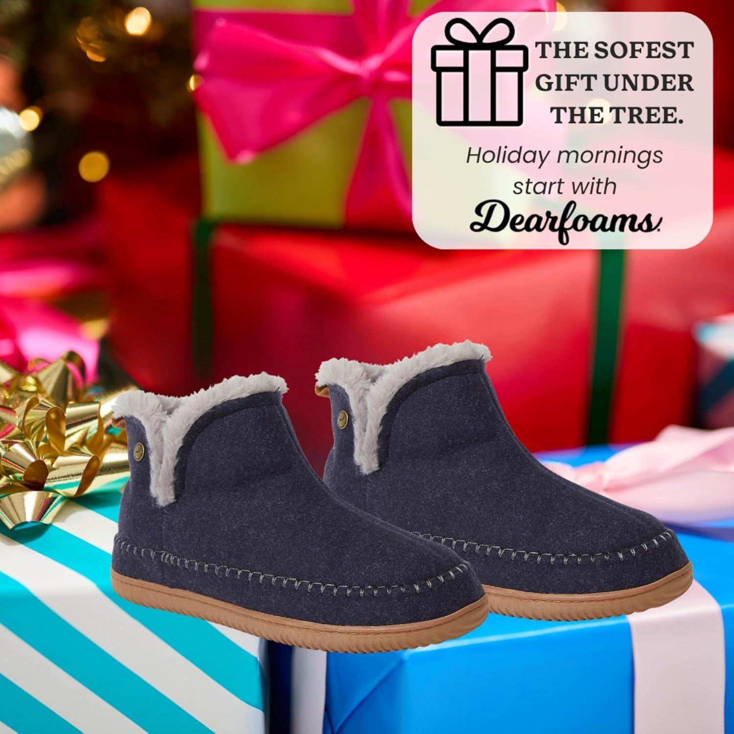 imageDearfoams Mens Memory Foam Indoor House Slippers Brixen Ankle Boot House Shoes Gifts for MenNavy Heather