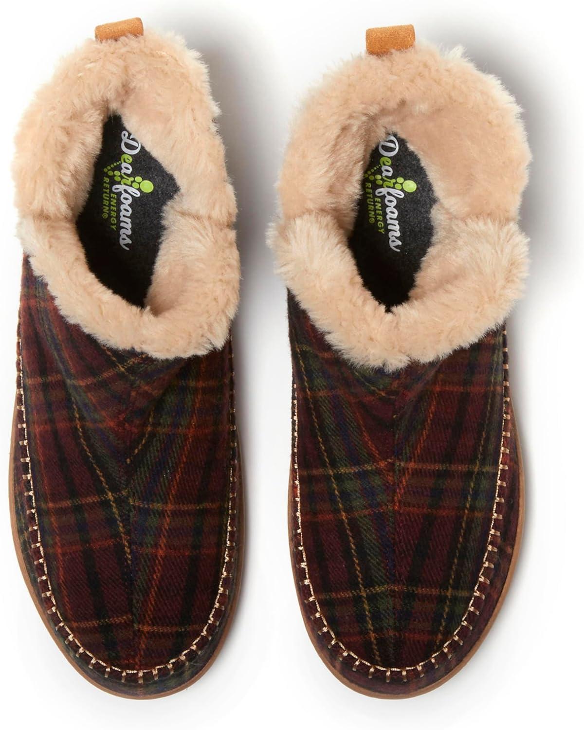 imageDearfoams Mens Memory Foam Indoor House Slippers Brixen Ankle Boot House Shoes Gifts for MenRed Plaid