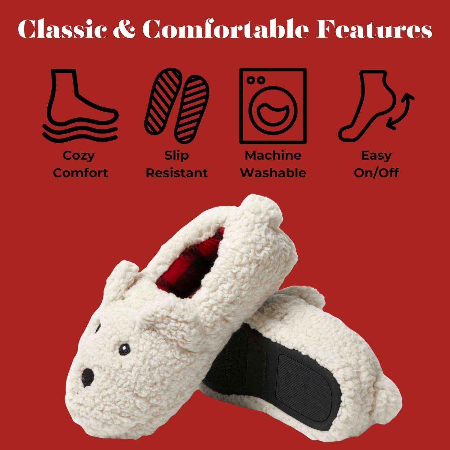imageDearfoams Unisex Adult Holiday Christmas Gift Family Matching Santa Reindeer Teddy Bear Plush Memory Foam SlippersAdult Bear