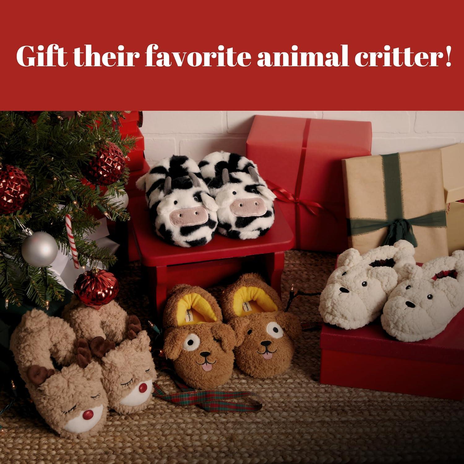 imageDearfoams Unisex Adult Holiday Christmas Gift Family Matching Santa Reindeer Teddy Bear Plush Memory Foam SlippersAdult Snowman