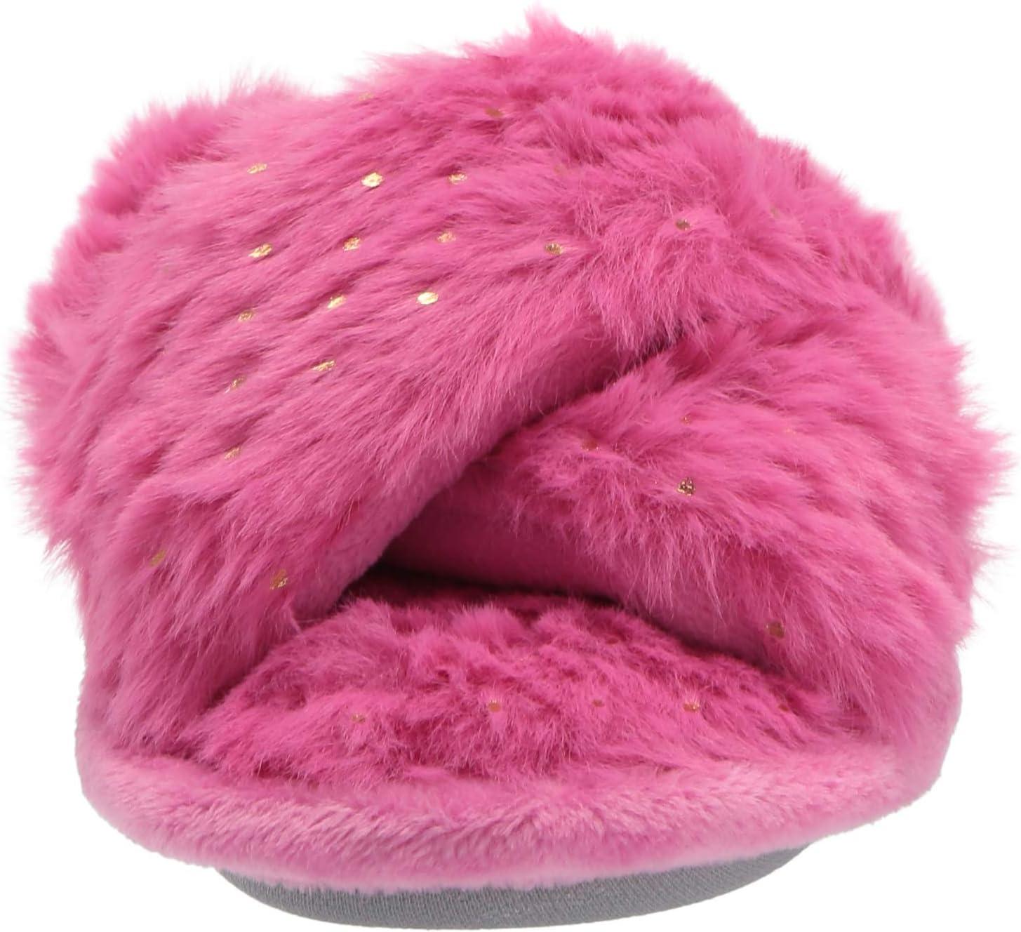imageDearfoams UnisexChild Ava Kids Printed Detail faux faux fur Cross Band Slide SlipperPink Polish