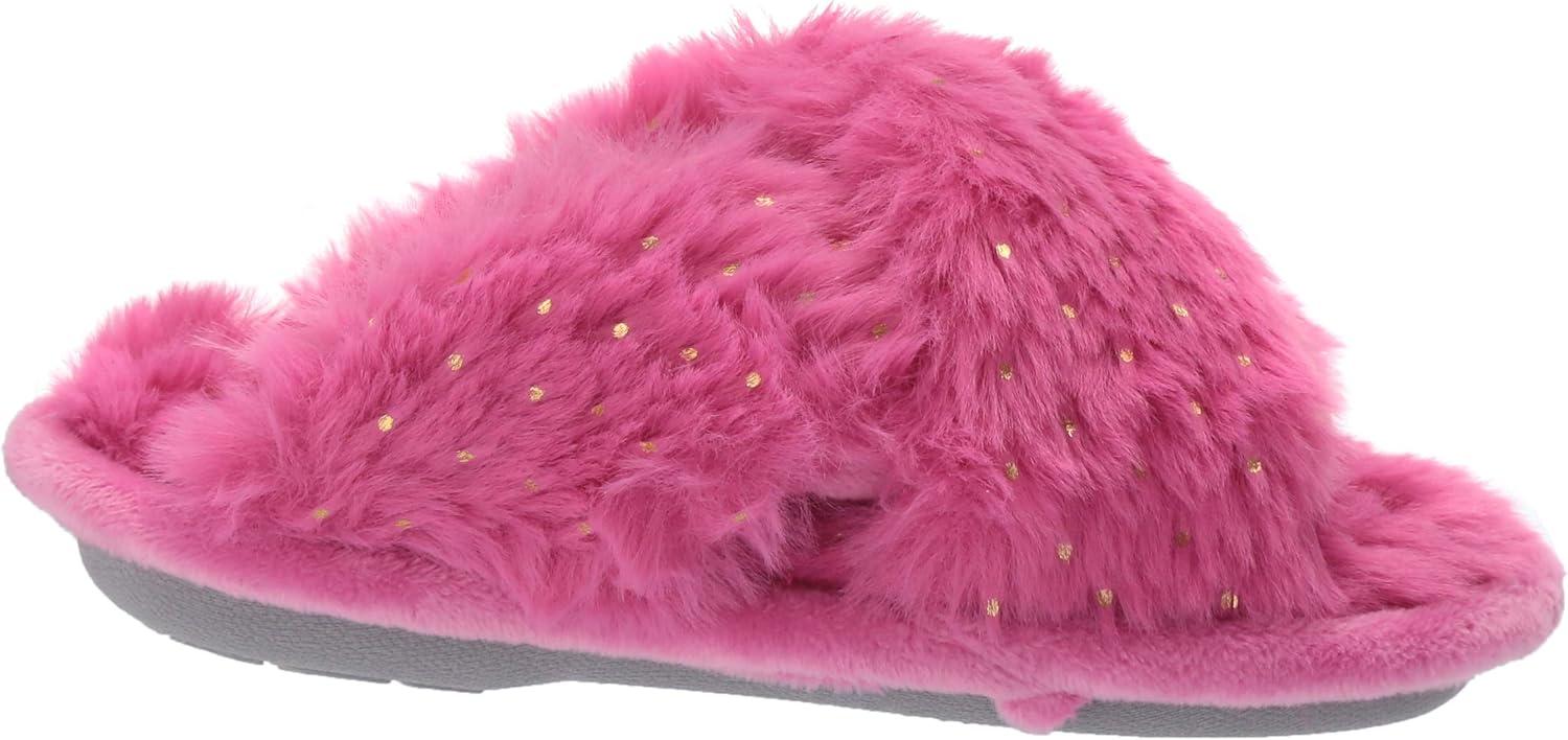 imageDearfoams UnisexChild Ava Kids Printed Detail faux faux fur Cross Band Slide SlipperPink Polish