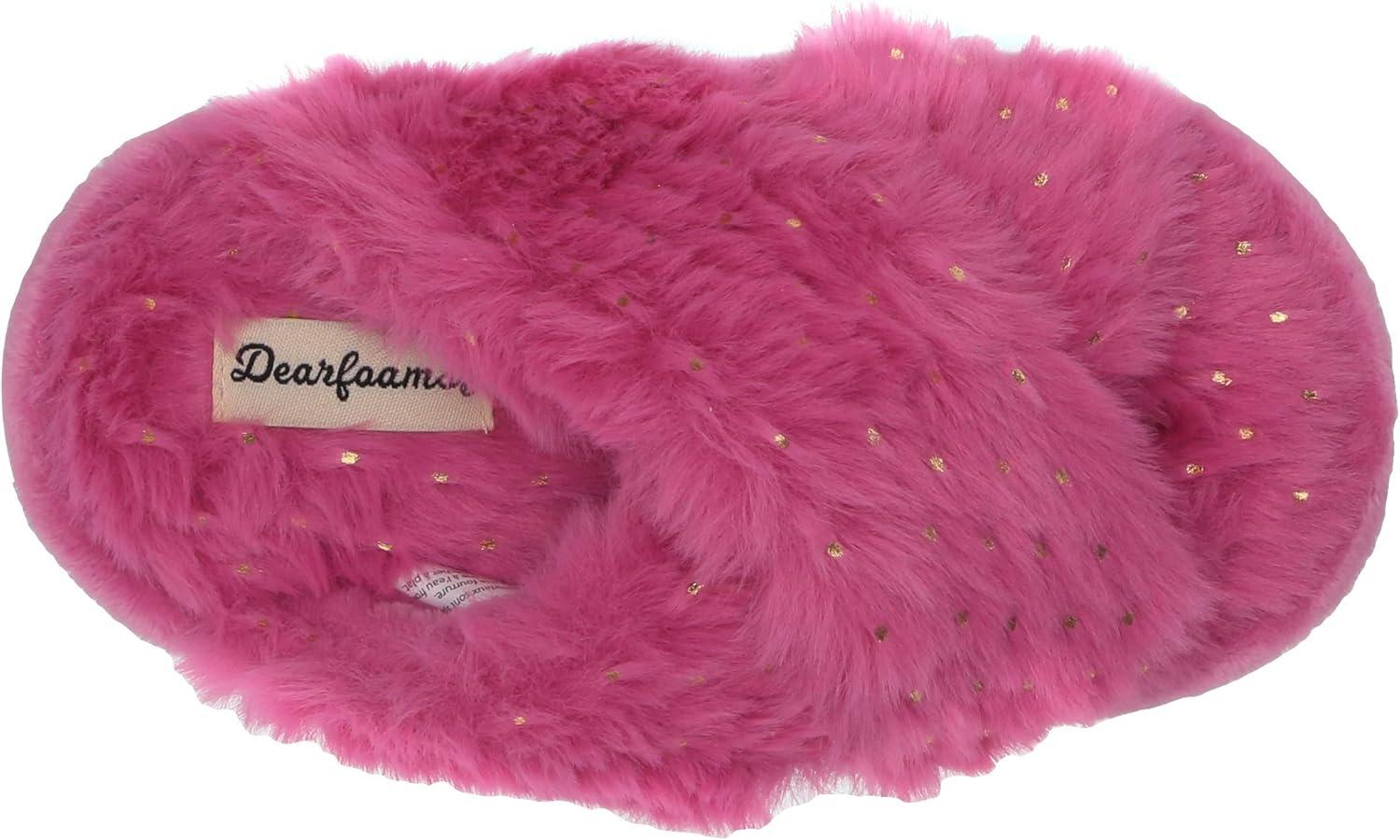 imageDearfoams UnisexChild Ava Kids Printed Detail faux faux fur Cross Band Slide SlipperPink Polish
