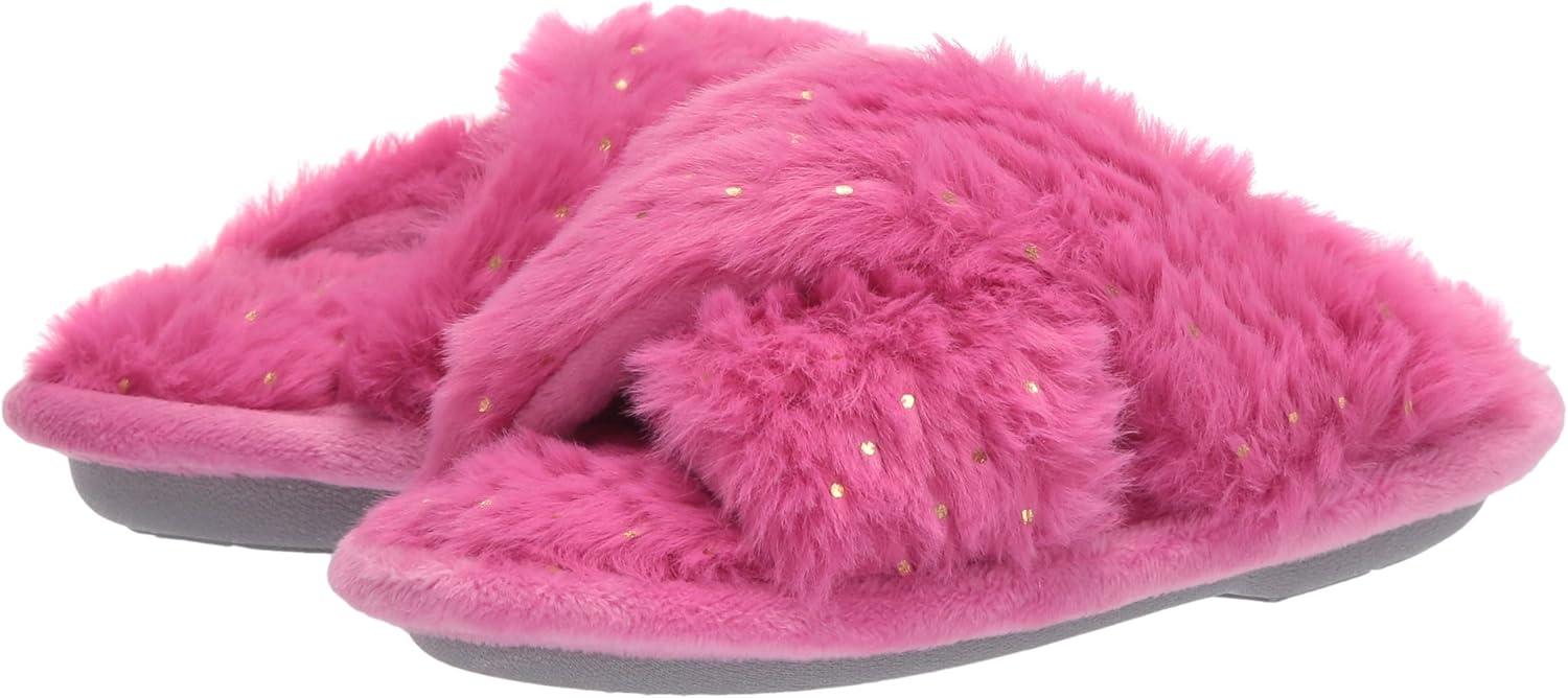 imageDearfoams UnisexChild Ava Kids Printed Detail faux faux fur Cross Band Slide SlipperPink Polish