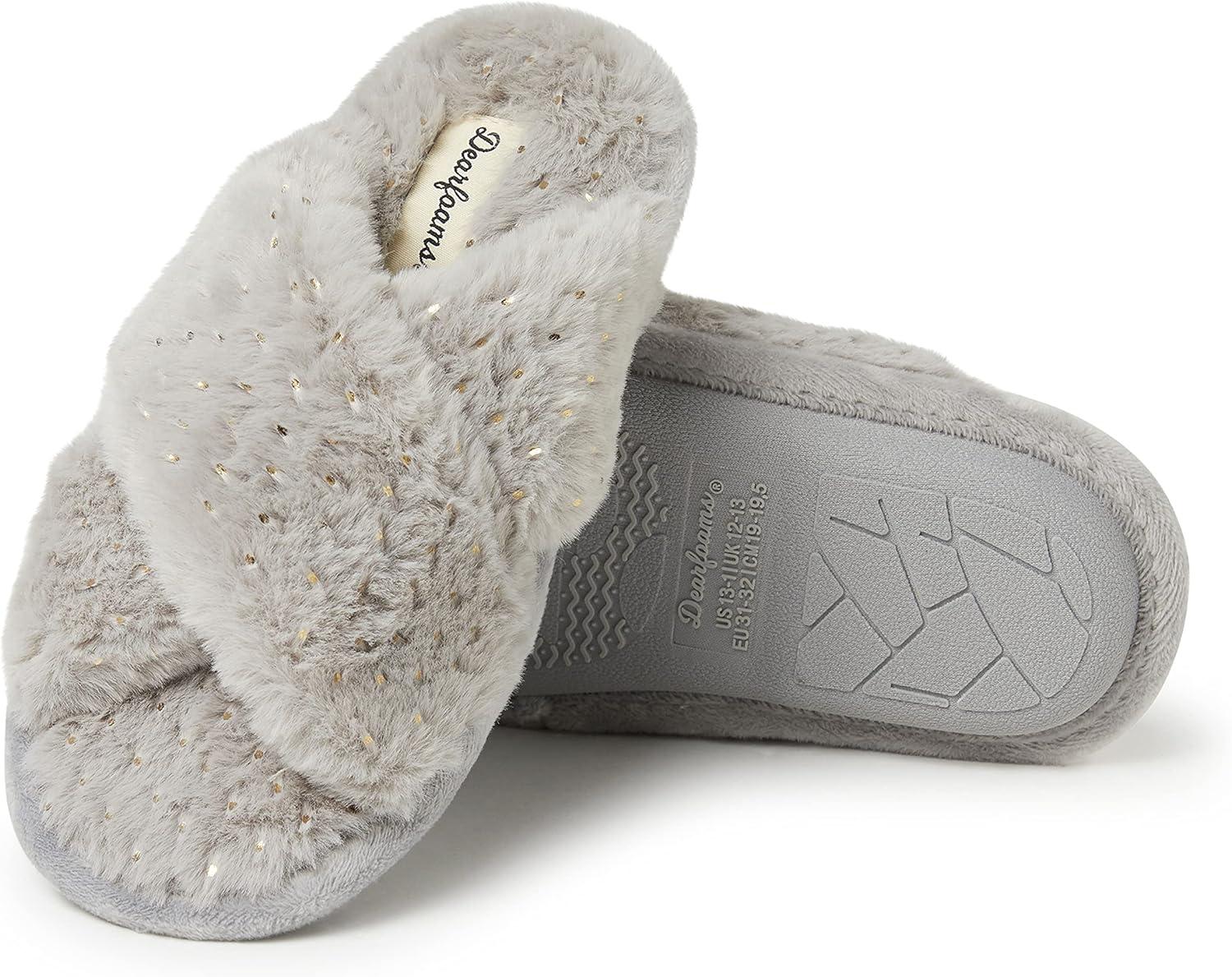 imageDearfoams UnisexChild Ava Kids Printed Detail faux faux fur Cross Band Slide SlipperSparkle Grey