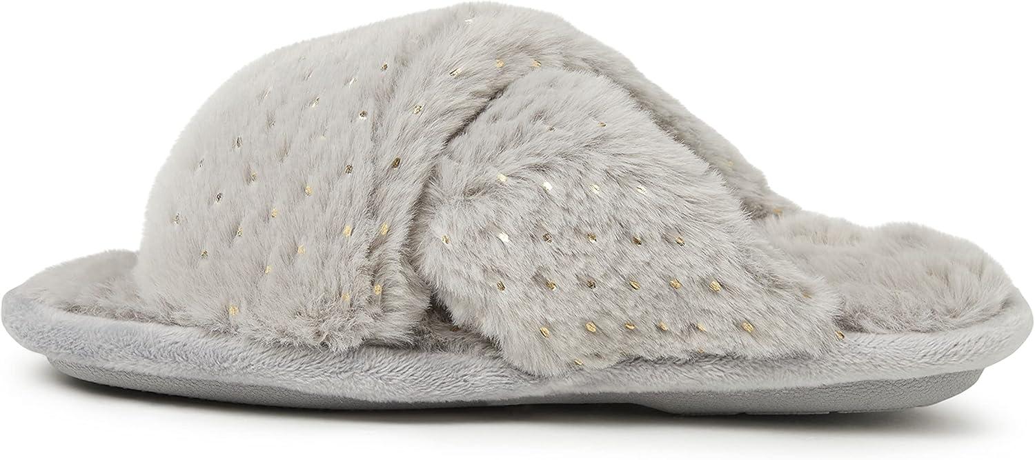 imageDearfoams UnisexChild Ava Kids Printed Detail faux faux fur Cross Band Slide SlipperSparkle Grey