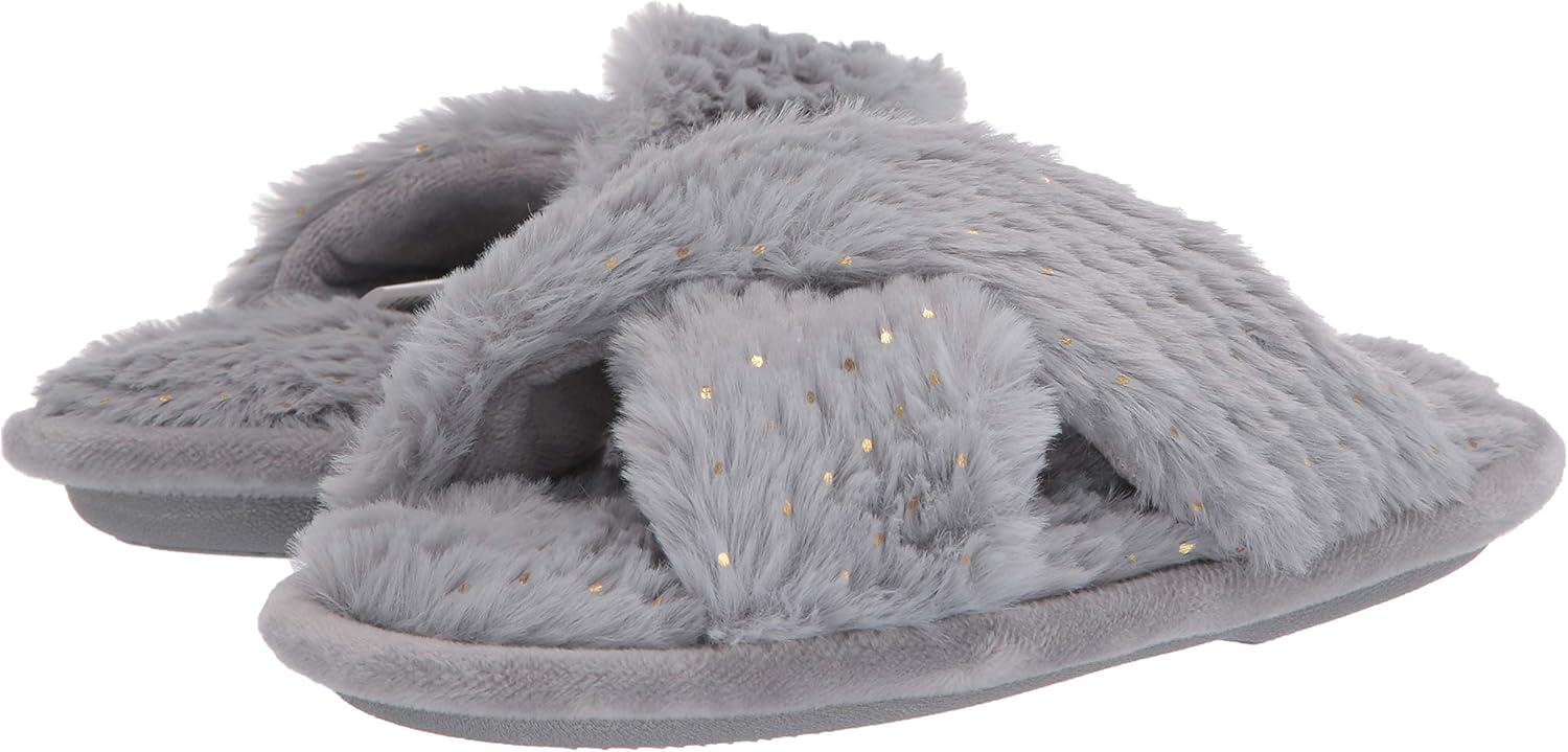 imageDearfoams UnisexChild Ava Kids Printed Detail faux faux fur Cross Band Slide SlipperSparkle Grey