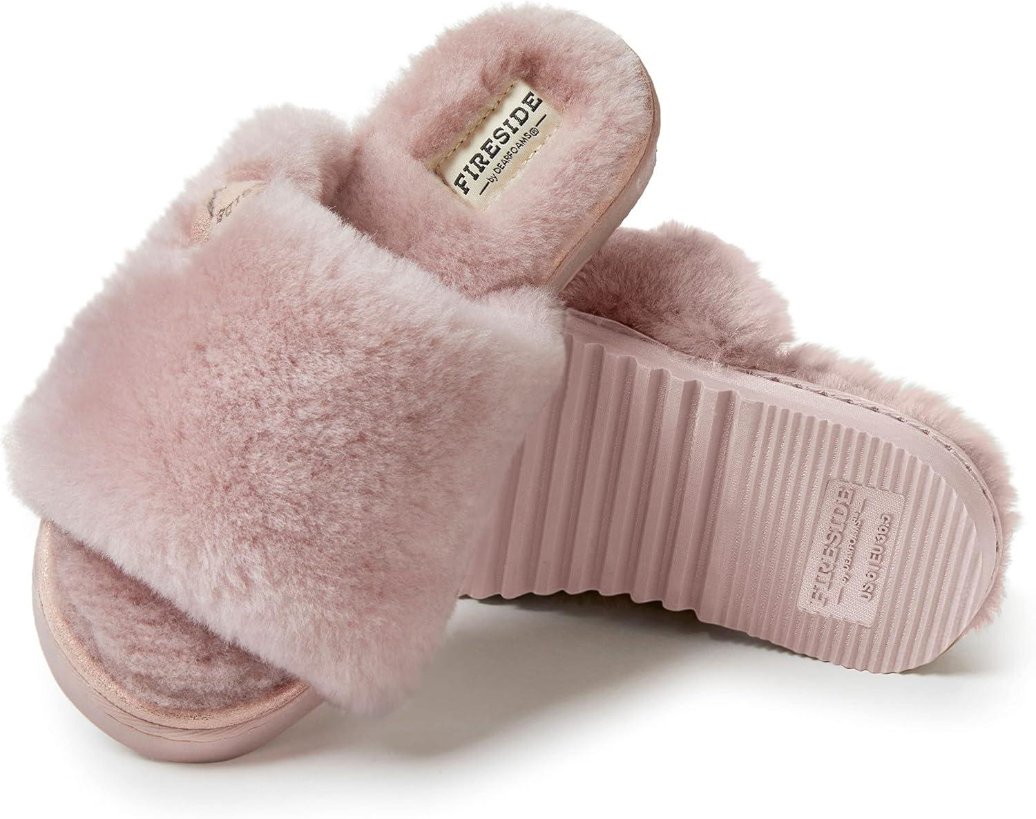 imageDearfoams Womens Fireside Cairns Shearling Easy onOff Slide Sandal SlipperDusty Pink