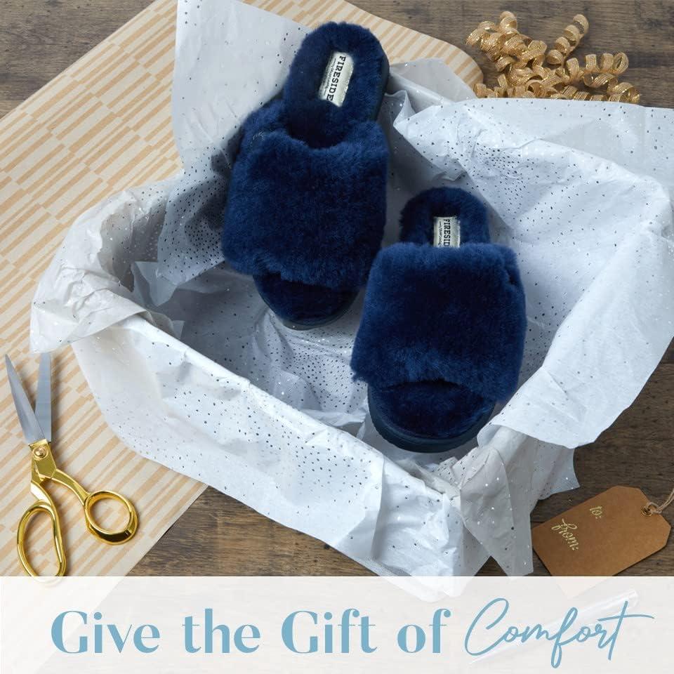 imageDearfoams Womens Fireside Cairns Shearling Easy onOff Slide Sandal SlipperNavy