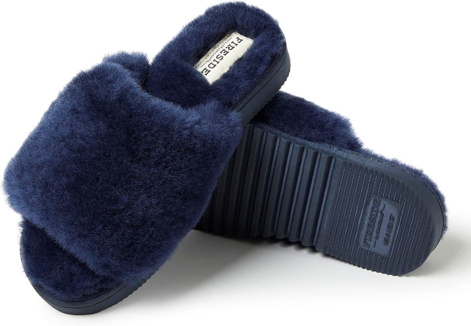 imageDearfoams Womens Fireside Cairns Shearling Easy onOff Slide Sandal SlipperNavy