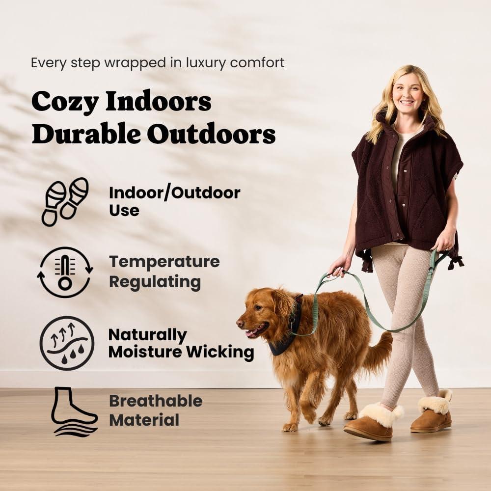 imageDearfoams Womens Fireside Shearling Water Resistant IndoorOutdoor Foldover Boot SlipperChestnut Taping