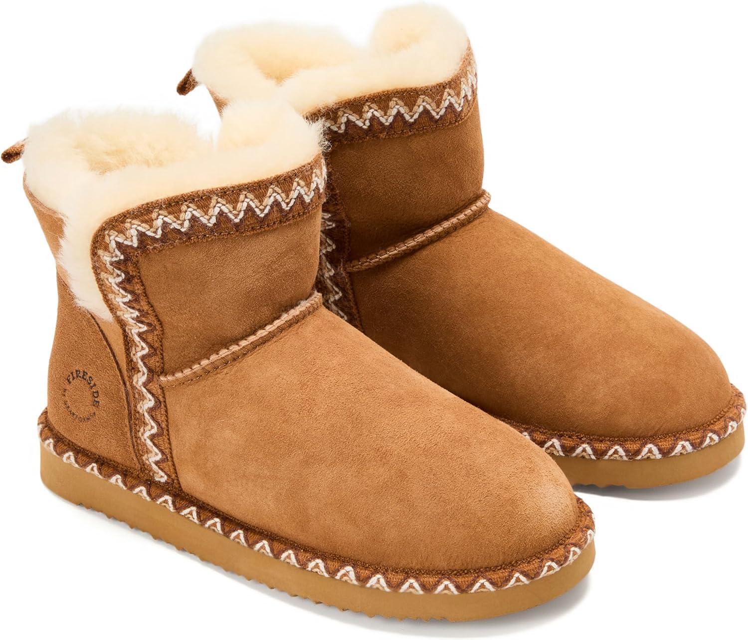 imageDearfoams Womens Fireside Shearling Water Resistant IndoorOutdoor Foldover Boot SlipperChestnut Taping
