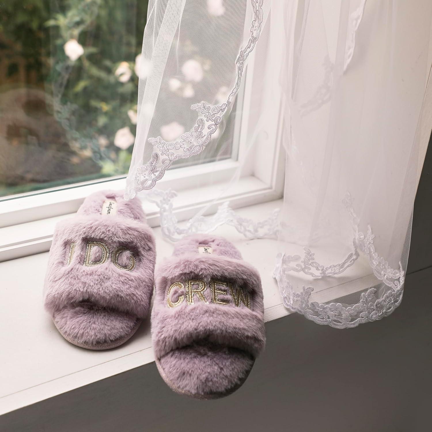 imageDearfoams Womens Giftable I Do ampamp I Do Crew Bride Slippers for Weddings and Bachelorette PartyI Do Crew Lavender