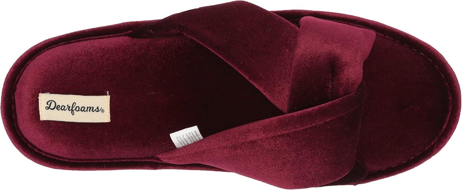 imageDearfoams Womens Jules Shiny Velour Twist Vamp Slide SlipperBurgundy