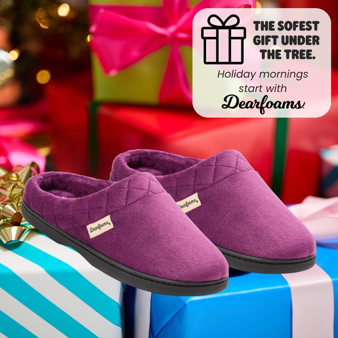 imageDearfoams Womens Lightweight Memory Foam Indoor House Slipper Darcy Velour Clog with Wide WidthsAubergine