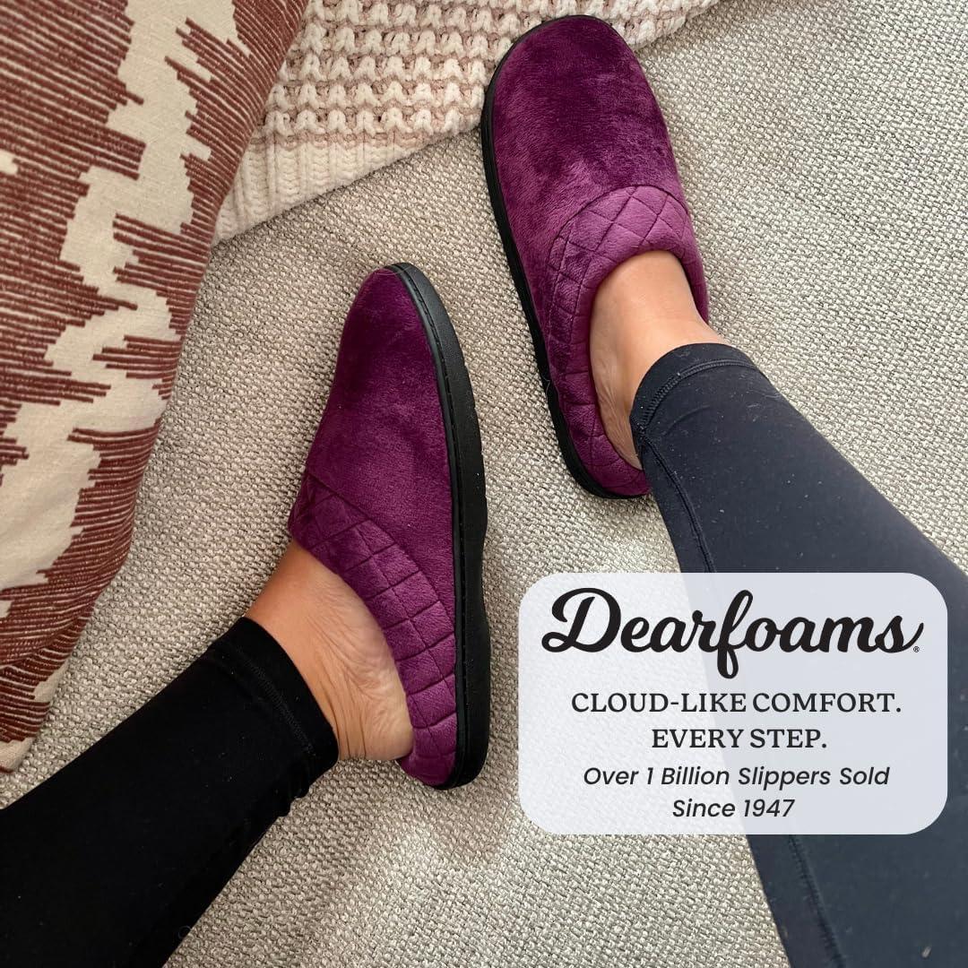 imageDearfoams Womens Lightweight Memory Foam Indoor House Slipper Darcy Velour Clog with Wide WidthsAubergine