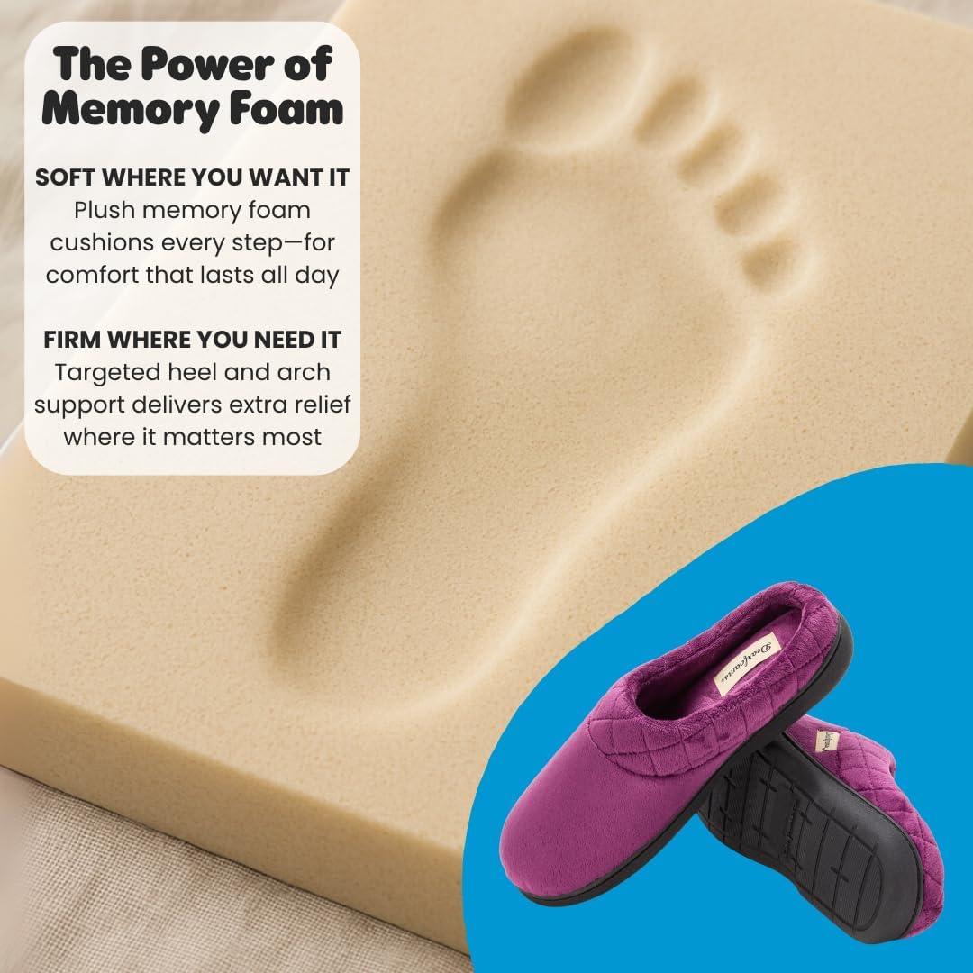 imageDearfoams Womens Lightweight Memory Foam Indoor House Slipper Darcy Velour Clog with Wide WidthsAubergine