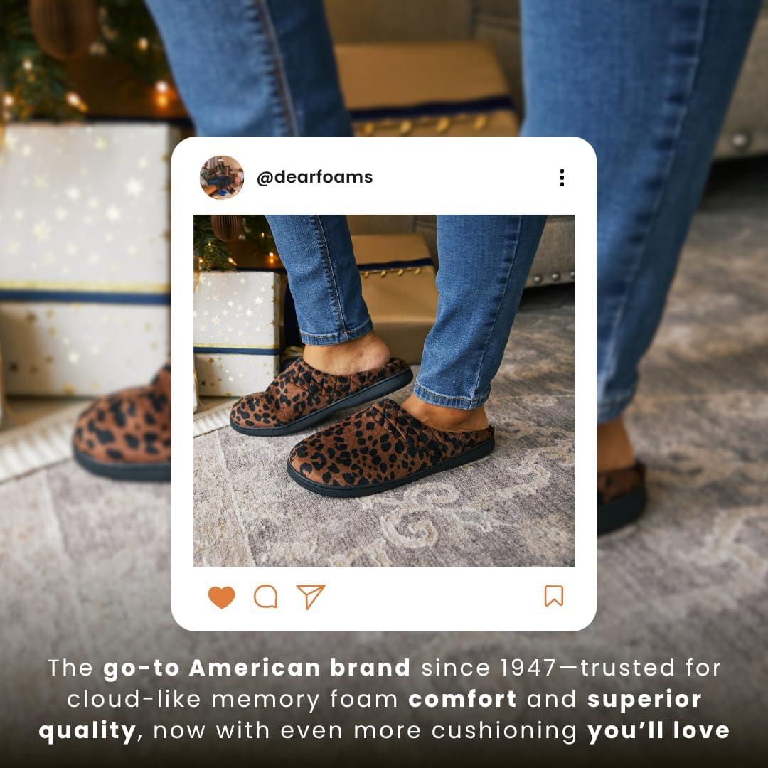 imageDearfoams Womens Lightweight Memory Foam Indoor House Slipper Darcy Velour Clog with Wide WidthsDark Leopard