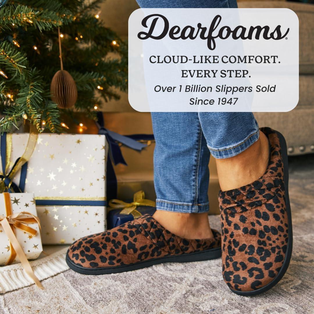 imageDearfoams Womens Lightweight Memory Foam Indoor House Slipper Darcy Velour Clog with Wide WidthsDark Leopard