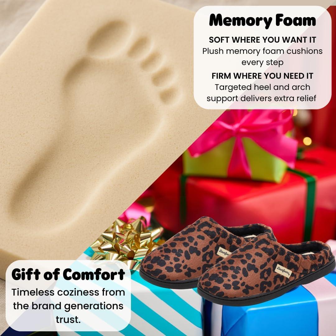 imageDearfoams Womens Lightweight Memory Foam Indoor House Slipper Darcy Velour Clog with Wide WidthsDark Leopard