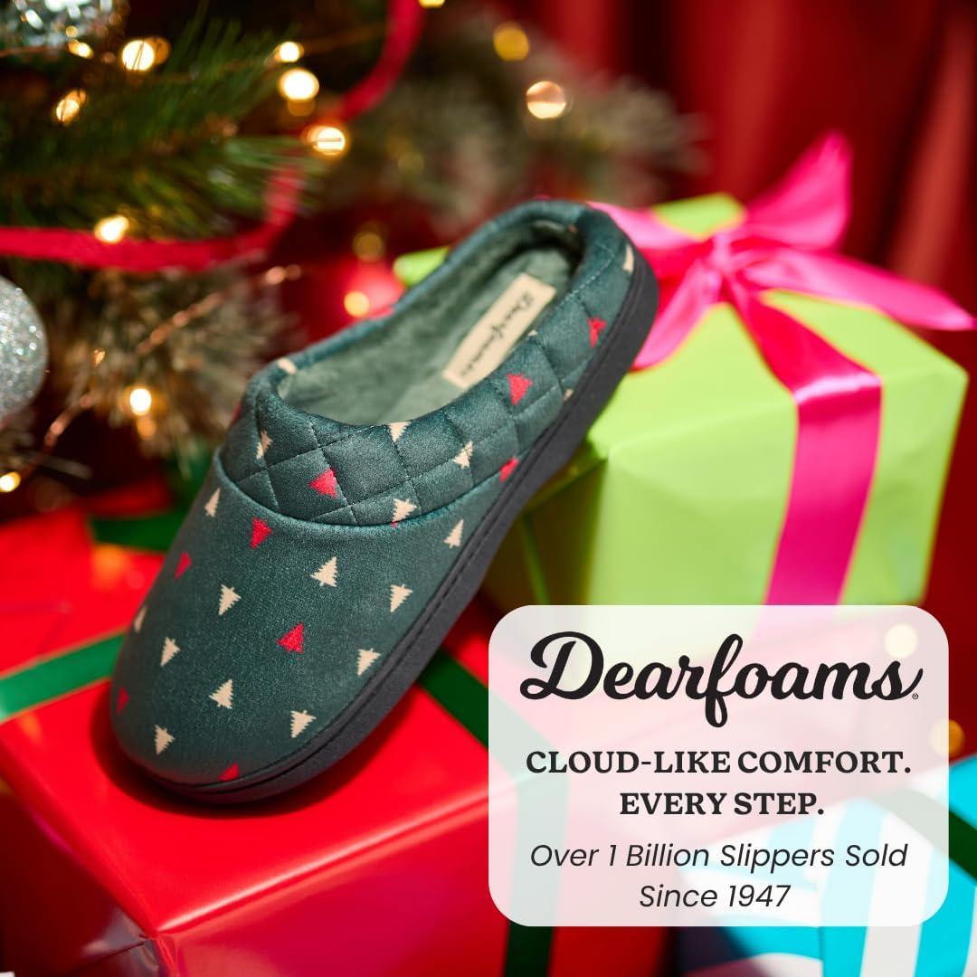imageDearfoams Womens Lightweight Memory Foam Indoor House Slipper Darcy Velour Clog with Wide WidthsGreen Trees