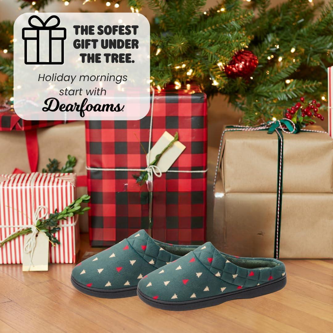 imageDearfoams Womens Lightweight Memory Foam Indoor House Slipper Darcy Velour Clog with Wide WidthsGreen Trees