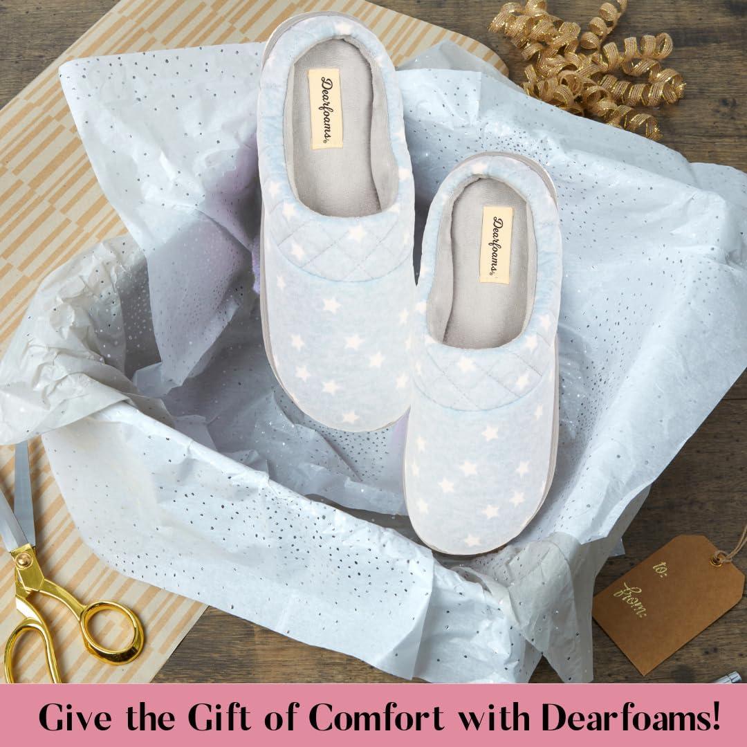 imageDearfoams Womens Lightweight Memory Foam Indoor House Slipper Darcy Velour Clog with Wide WidthsGrey Stars