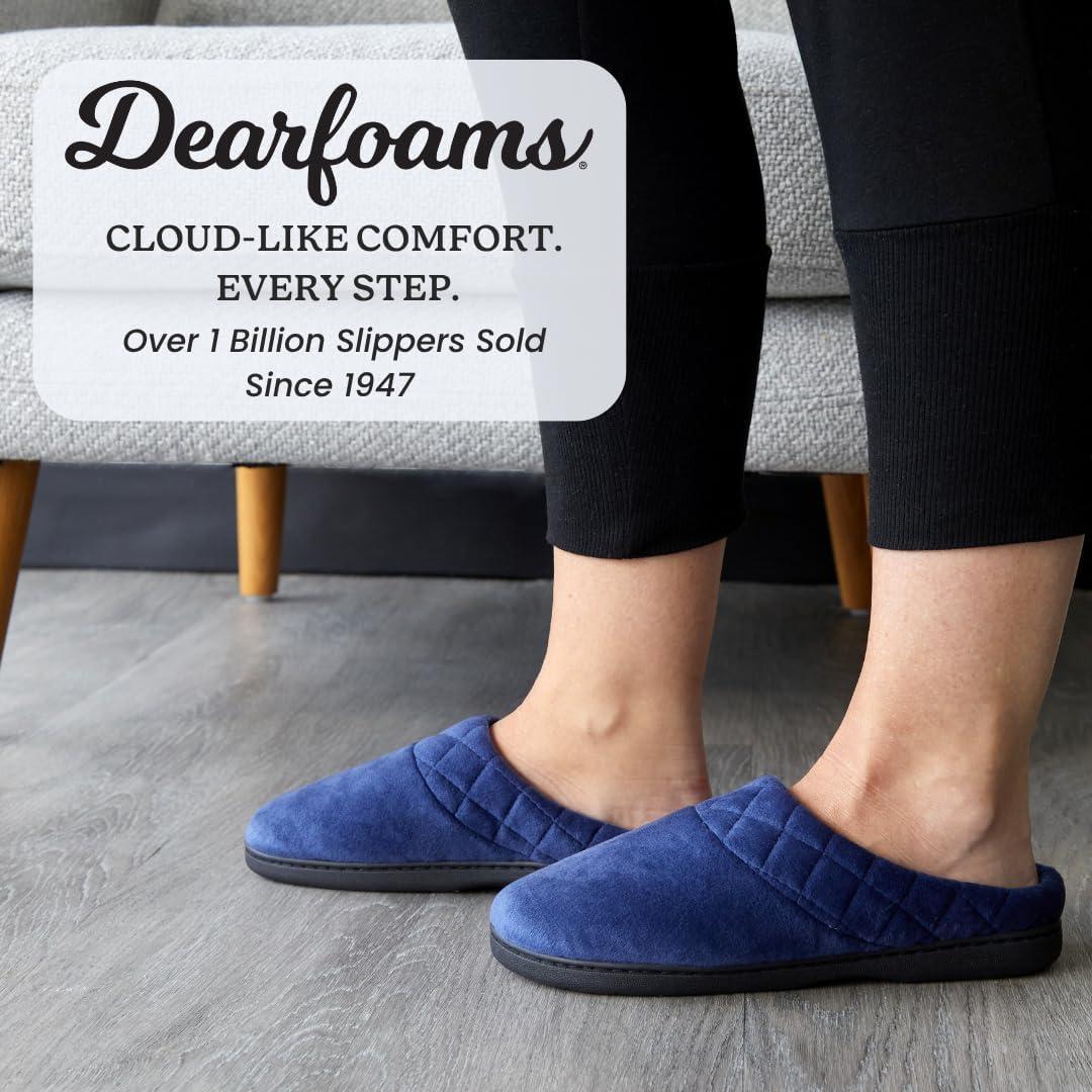 imageDearfoams Womens Lightweight Memory Foam Indoor House Slipper Darcy Velour Clog with Wide WidthsPeacoat
