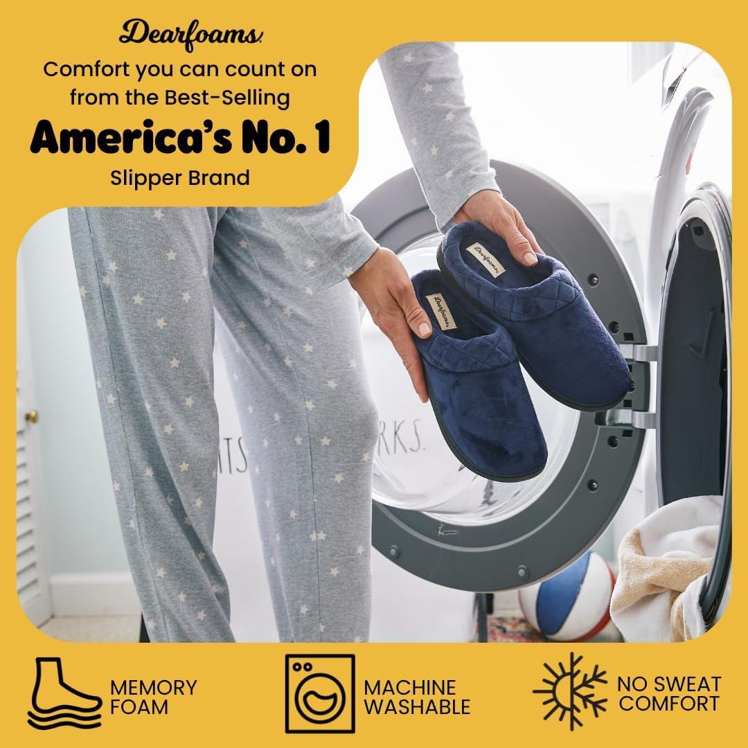 imageDearfoams Womens Lightweight Memory Foam Indoor House Slipper Darcy Velour Clog with Wide WidthsPeacoat