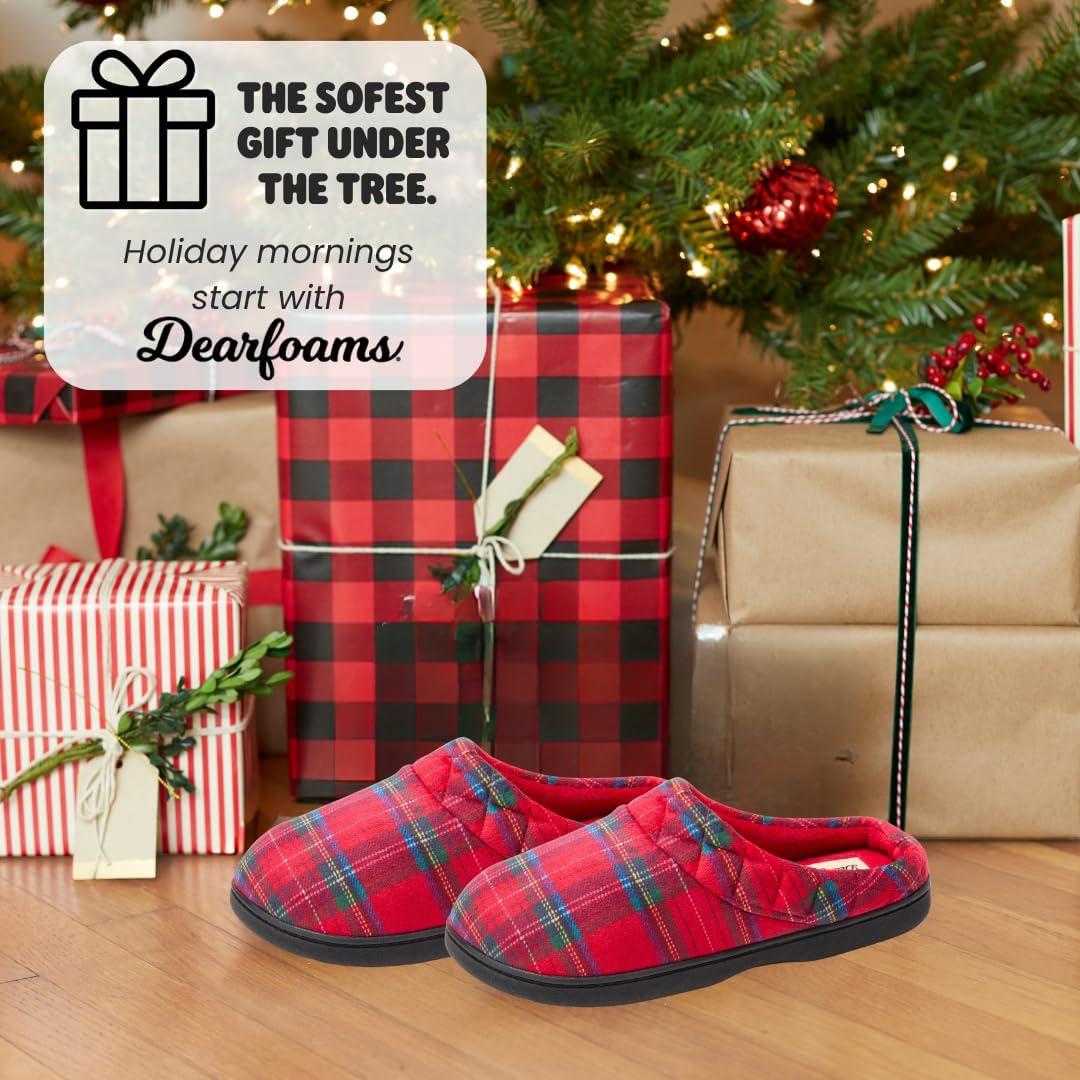 imageDearfoams Womens Lightweight Memory Foam Indoor House Slipper Darcy Velour Clog with Wide WidthsRed Plaid
