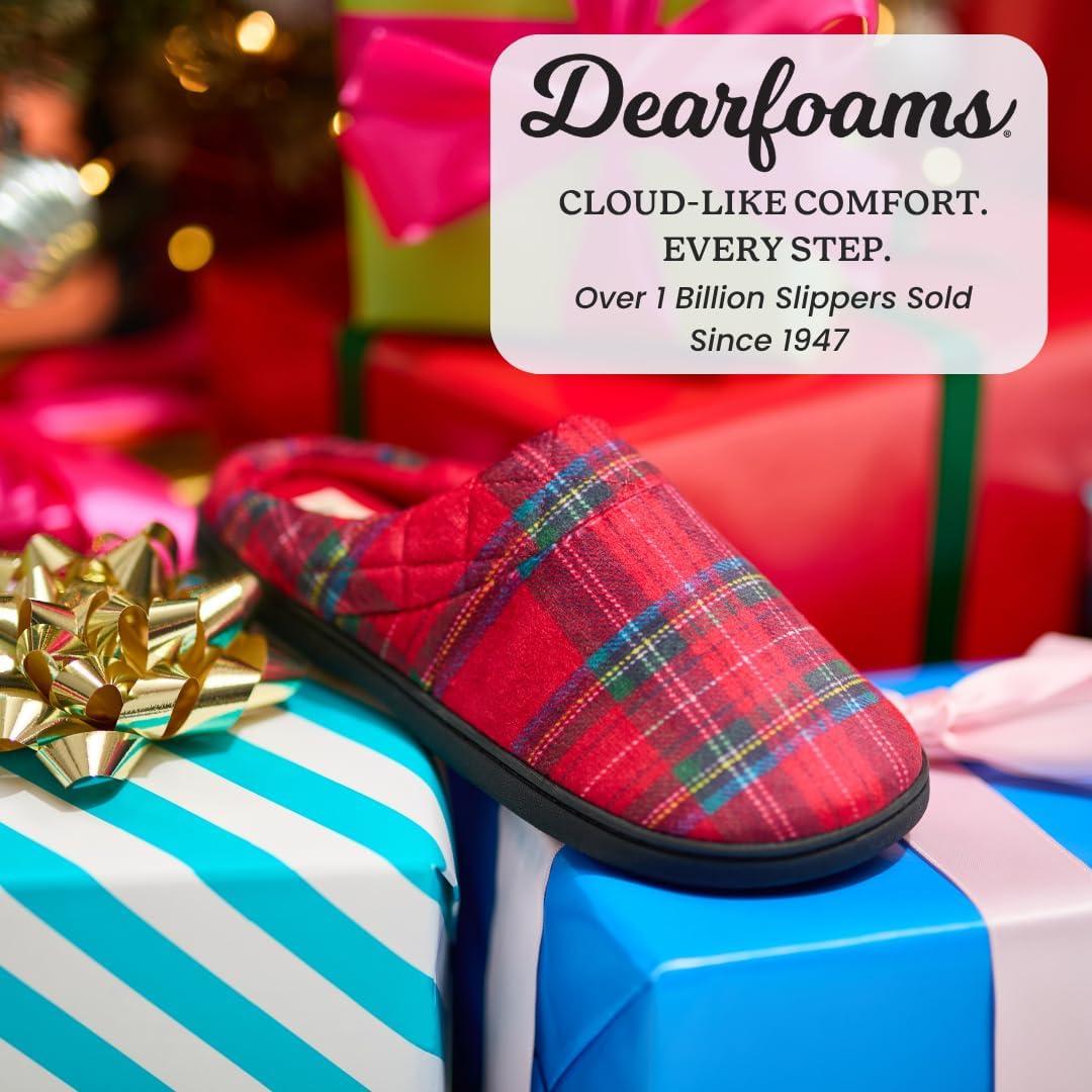 imageDearfoams Womens Lightweight Memory Foam Indoor House Slipper Darcy Velour Clog with Wide WidthsRed Plaid