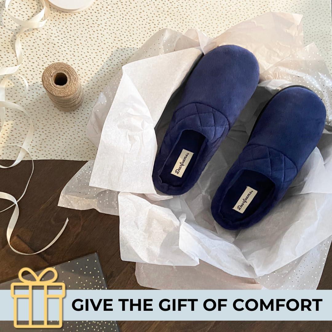 imageDearfoams Womens Lightweight Memory Foam Indoor House Slipper Darcy Velour Clog with Wide WidthsStarry Night Sky
