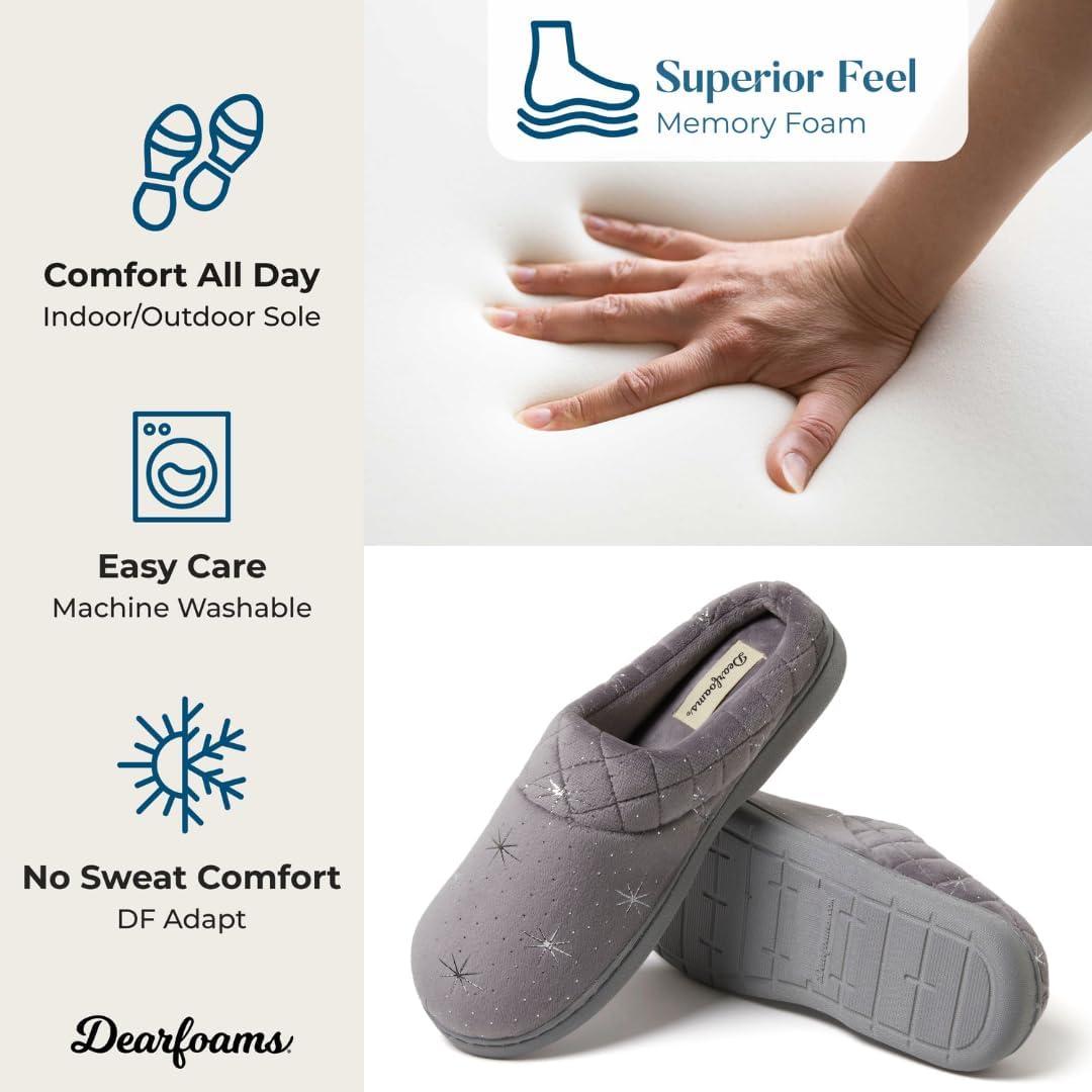 imageDearfoams Womens Lightweight Memory Foam Indoor House Slipper Darcy Velour Clog with Wide WidthsStarry Night Sky