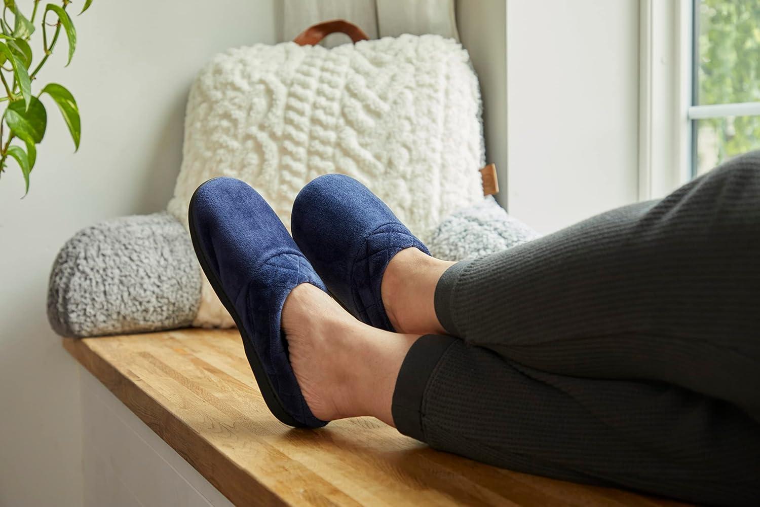 imageDearfoams Womens Lightweight Memory Foam Indoor House Slipper Darcy Velour Clog with Wide WidthsStarry Night Sky