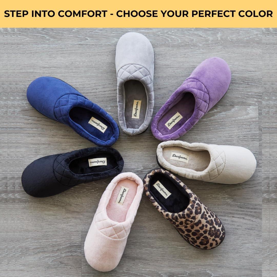imageDearfoams Womens Lightweight Memory Foam Indoor House Slipper Darcy Velour Clog with Wide WidthsStarry Night Sky